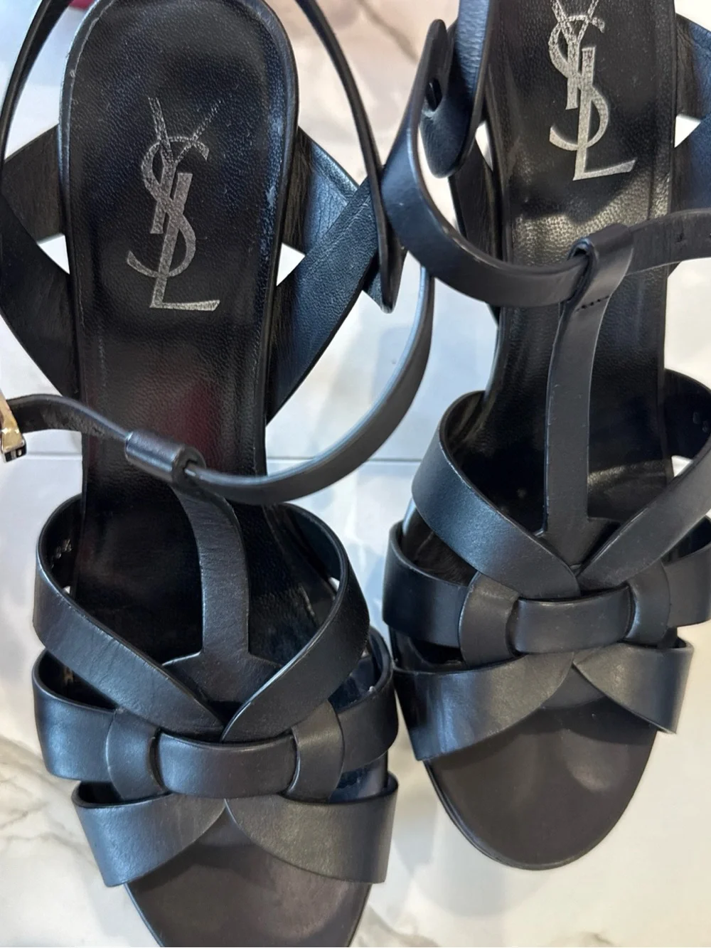 Saint Laurent Black Leather Knotted T-Strap Heels